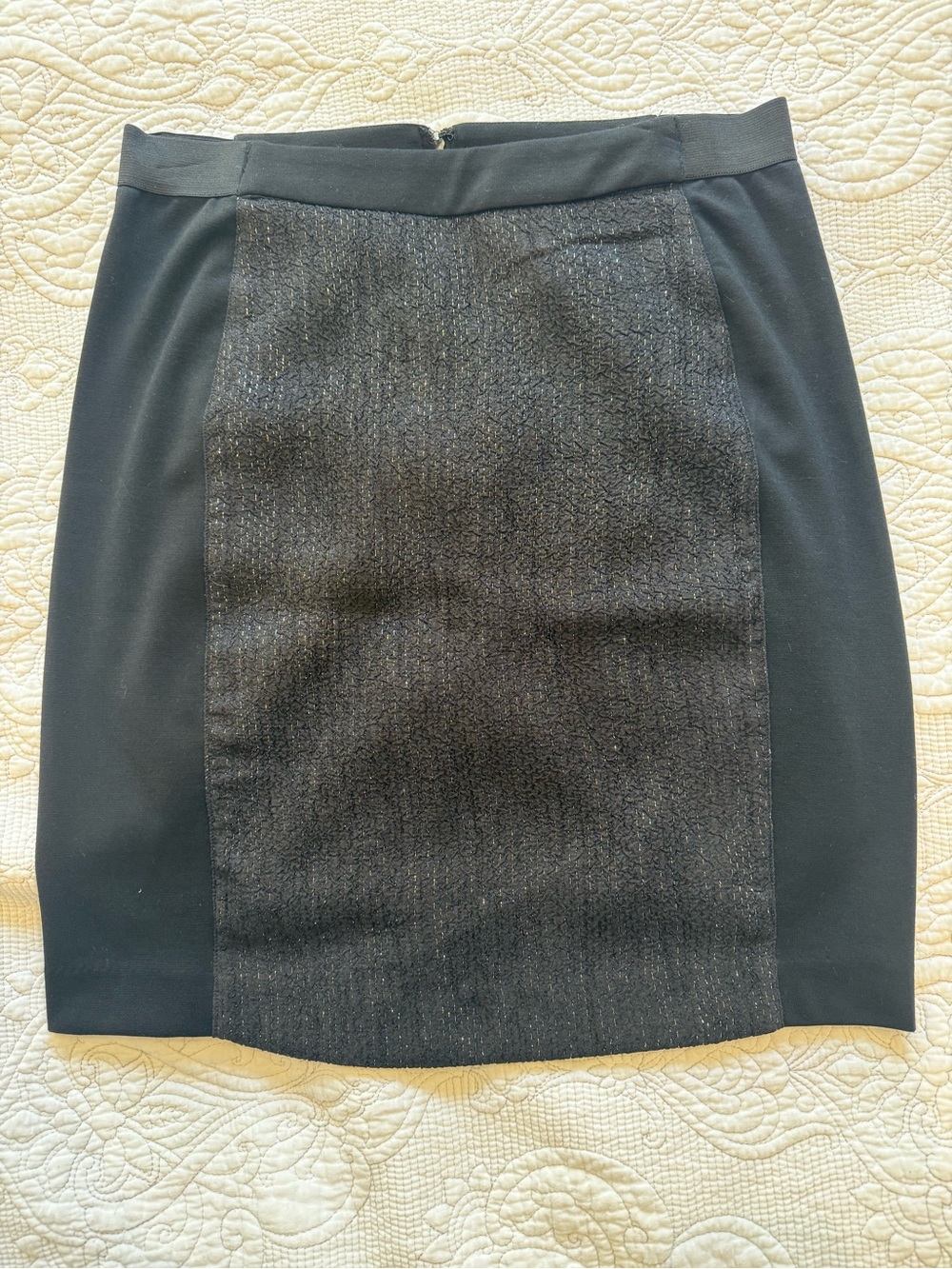 Pixley Black Pencil Skirt w/ textured thread panels & exposed zipper. Sz M